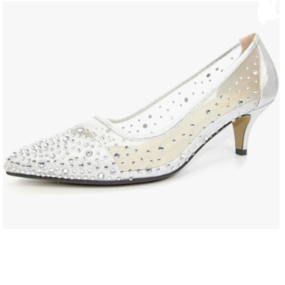 XYD Silver Pointed Toe Slip On Mesh Pumps Rhinestone Studs Kitten Heels Shoes - Picture 1 of 8